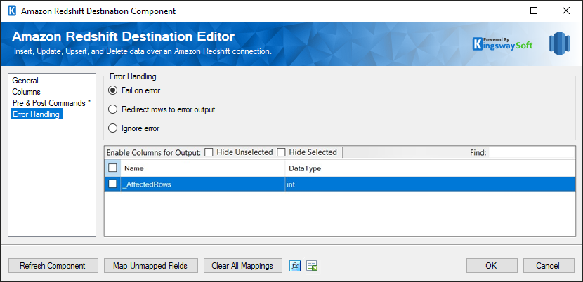 Amazon Redshift Destination - Error Handling Page